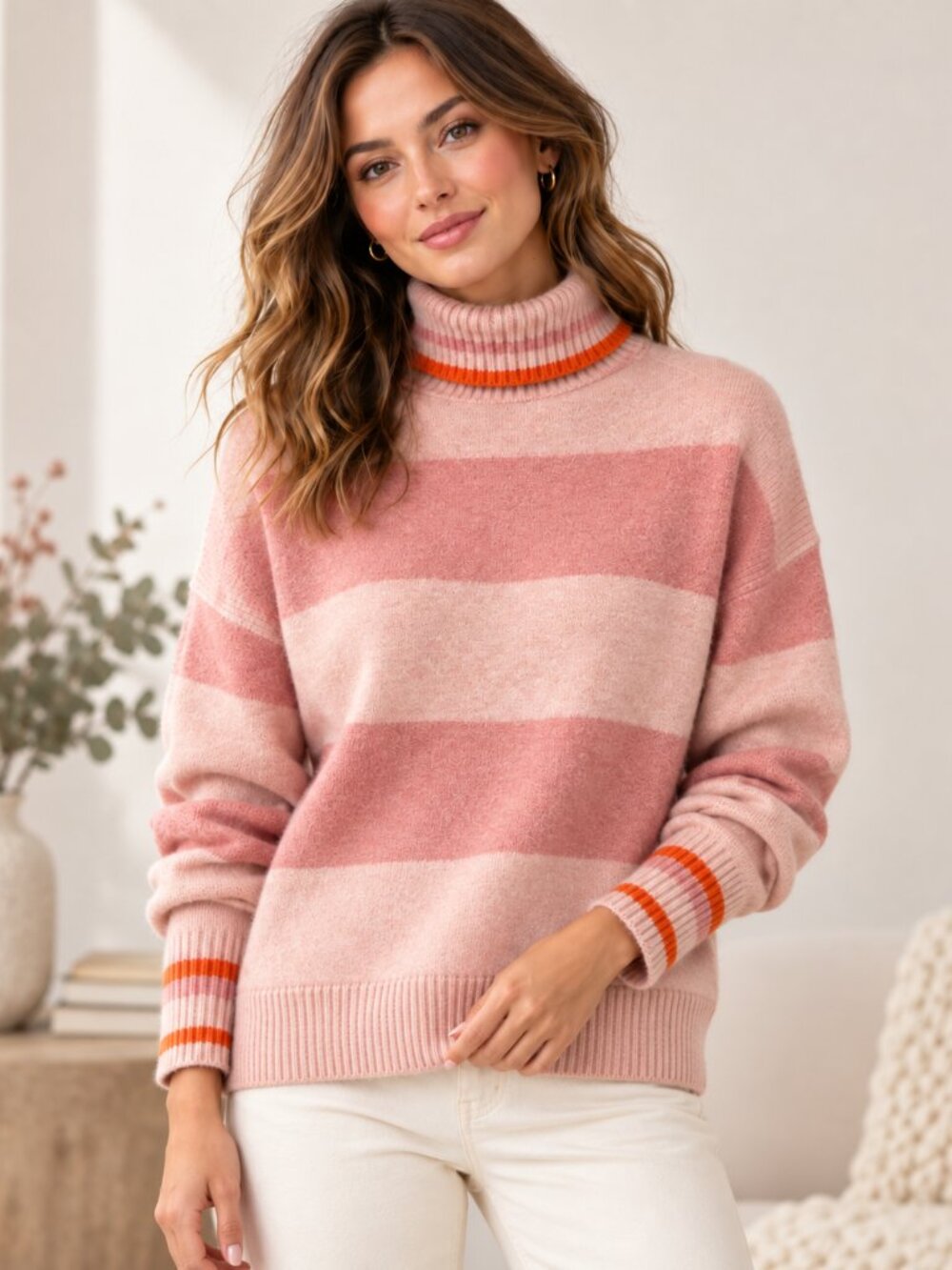J.Crew Re-Imagined Striped Turtleneck Sweater Pink Merino Wool Alpaca Blend XS